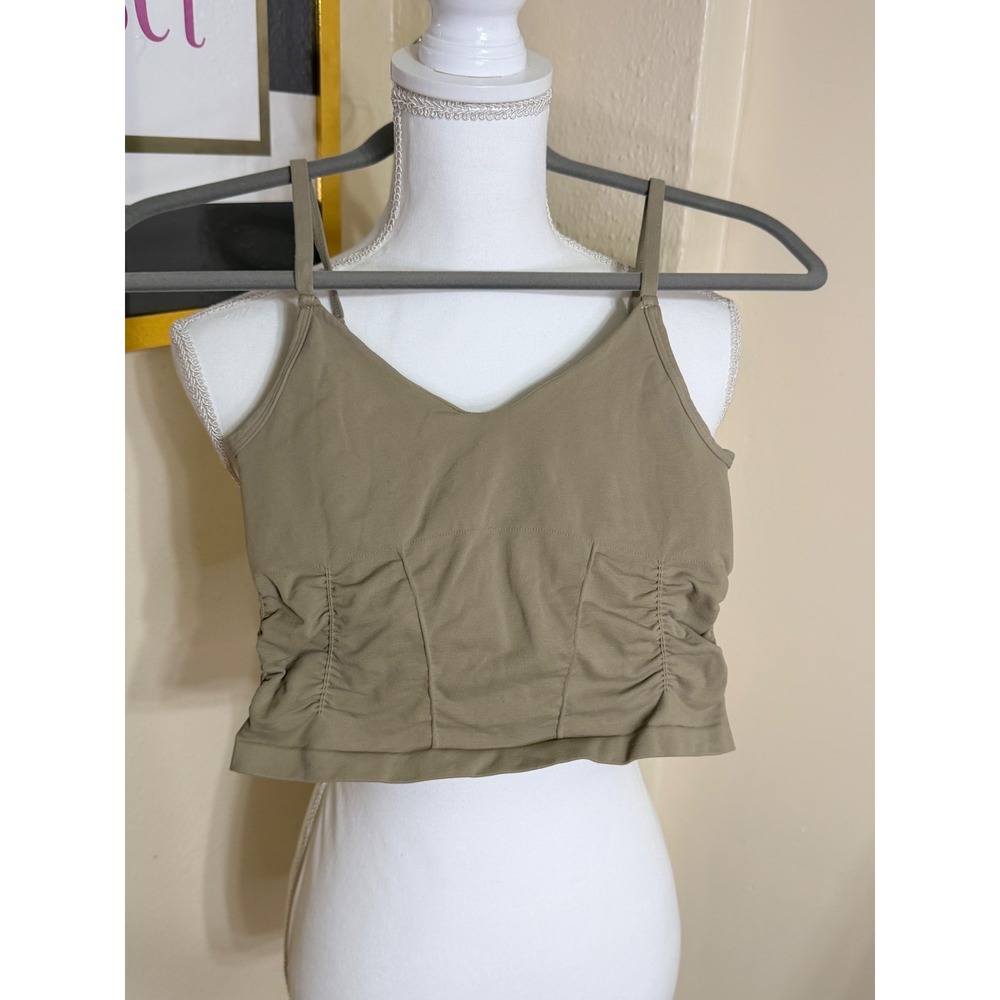 Free People FP Movement Free-to-Be-Me Ruched Seamless Crop Tank Top Olive Taupe